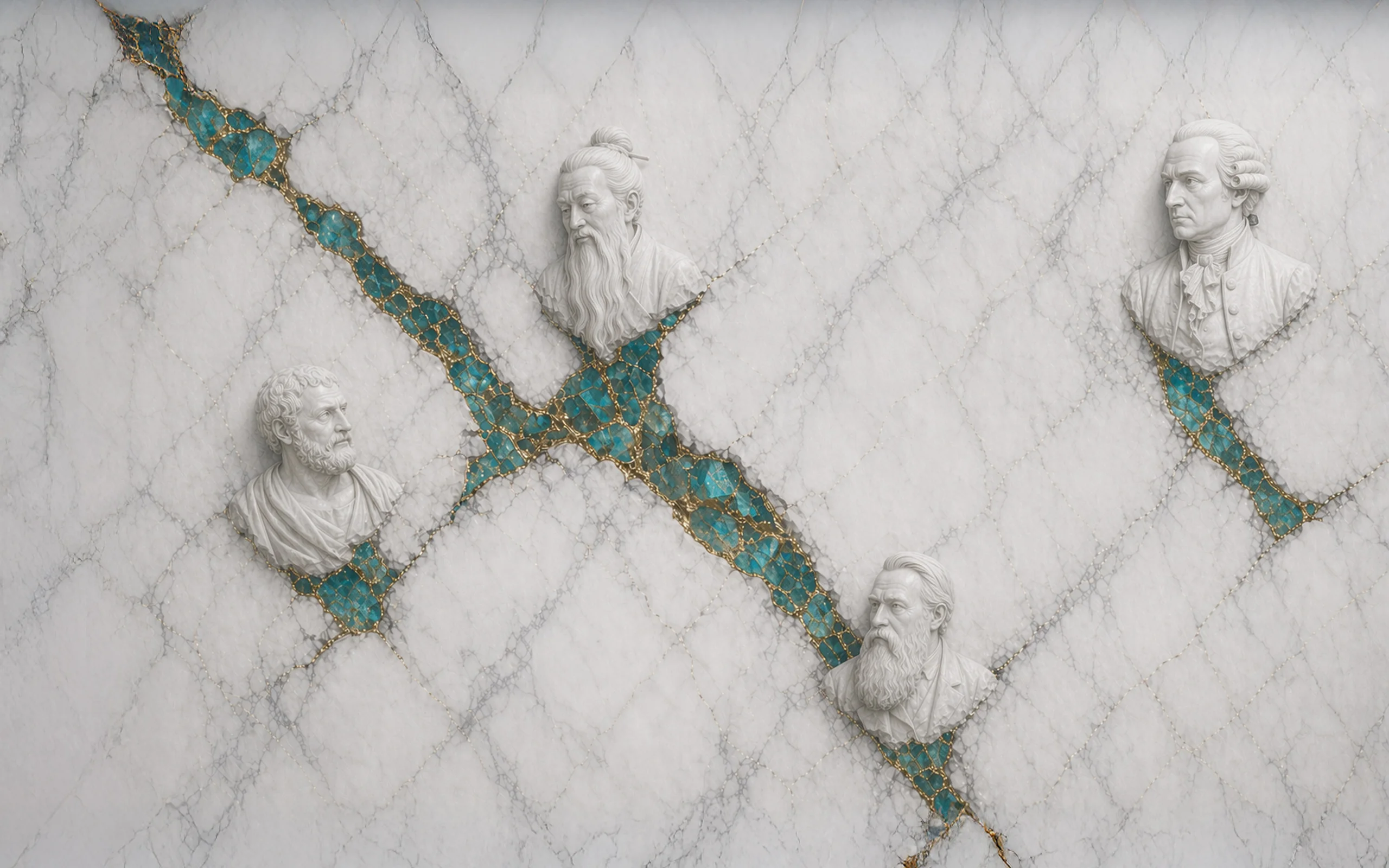 Knowledge Lattice — four philosophers across a diagonal fracture