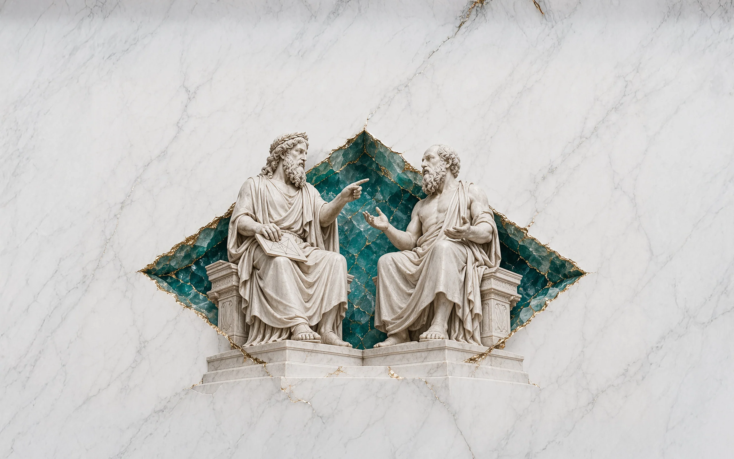 The Debate — Pythagoras and Socrates seated across a turquoise alcove