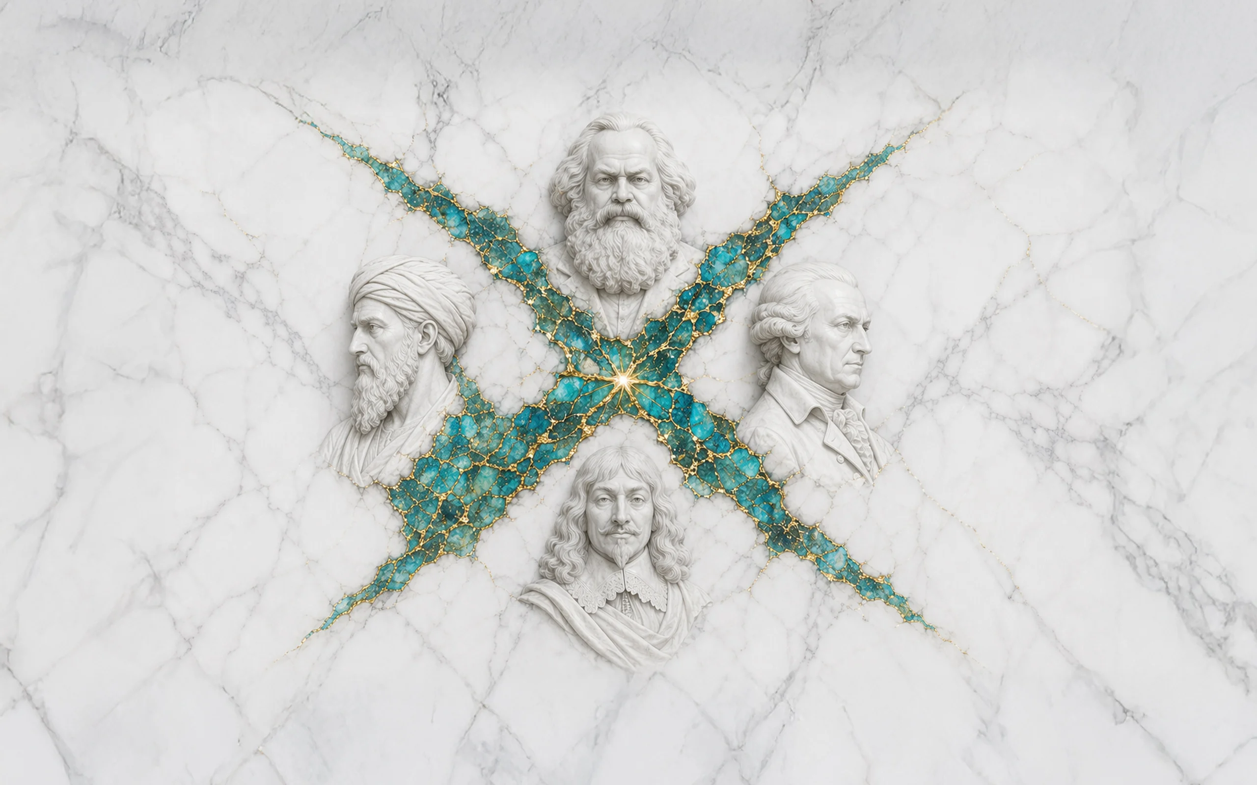 The Chamber — four traditions of thought converging on a turquoise X-crack